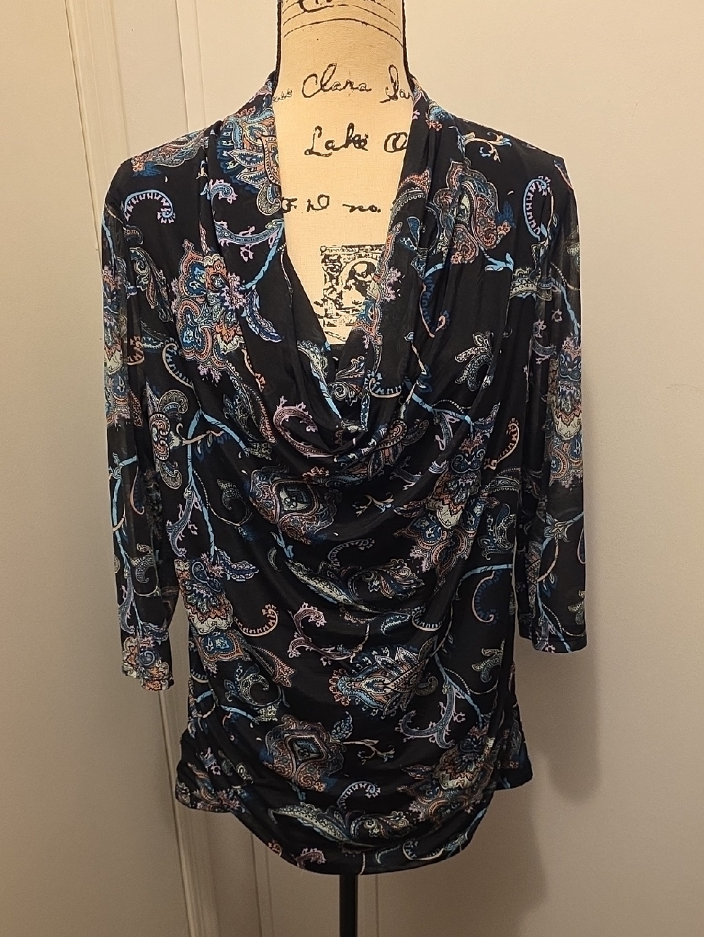 Women’s Black Paisley Cowl Neck Top - Dana Buchman